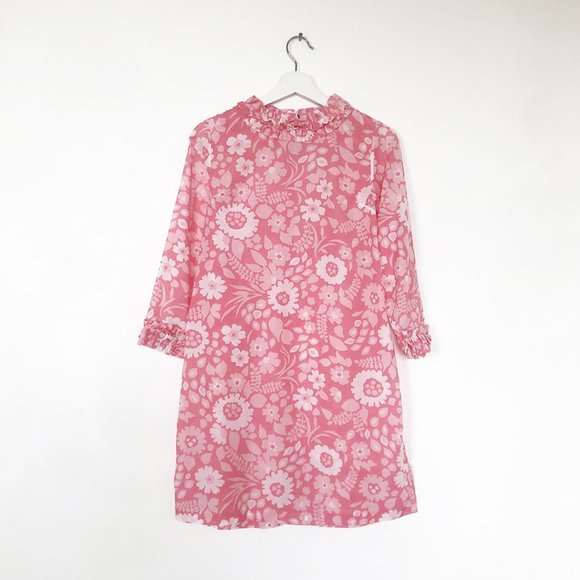 Vintage Dresses & Skirts - vintage 60s pink floral ruffle neck sleeve dress S